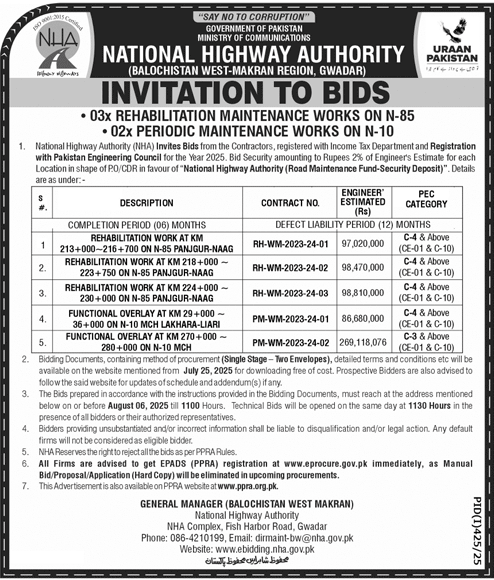 National Highway Authority Gwadar Tender Notice